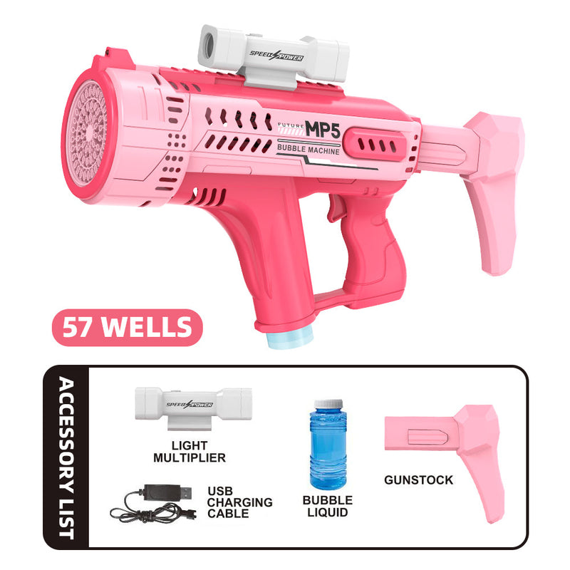 Electric Space Bubble Gun with 57 Holes, Automatic MP5 Gatling Handheld Bubble Toy, LED Lights Included